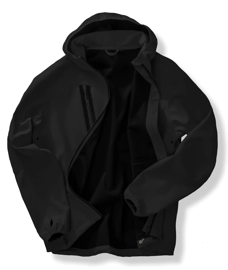 3-layer unisex recycled softshell jacket with hood, BLACK / BLACK