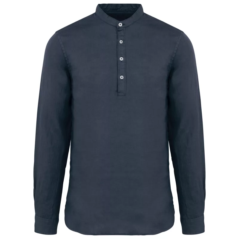 Chemise à col Mao délavée  en lin homme, Washed Navy Blue