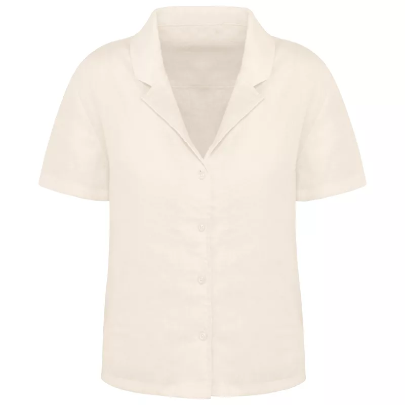Chemise à col bowling manches courtes en lin femme, Ivory