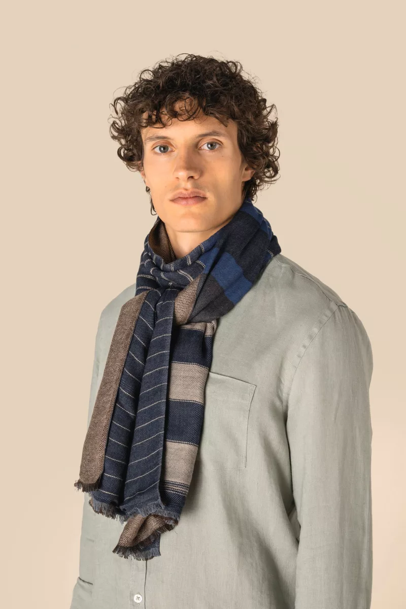 Unisex reversible scarf, Blue Stripes / Brown Herringbone