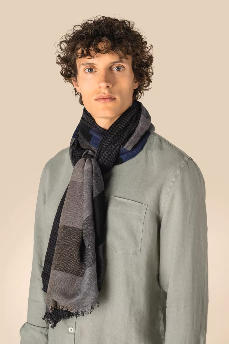 Wendbares Unisex-Schal, Blue Patchwork / Blue Checkerboard